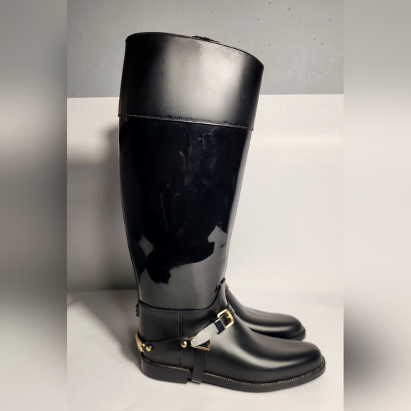 Jimmy Choo CHESHIRE Riding Black Gold Knee High Rain Boots Rubber Women Size 39 - Picture 2 of 14